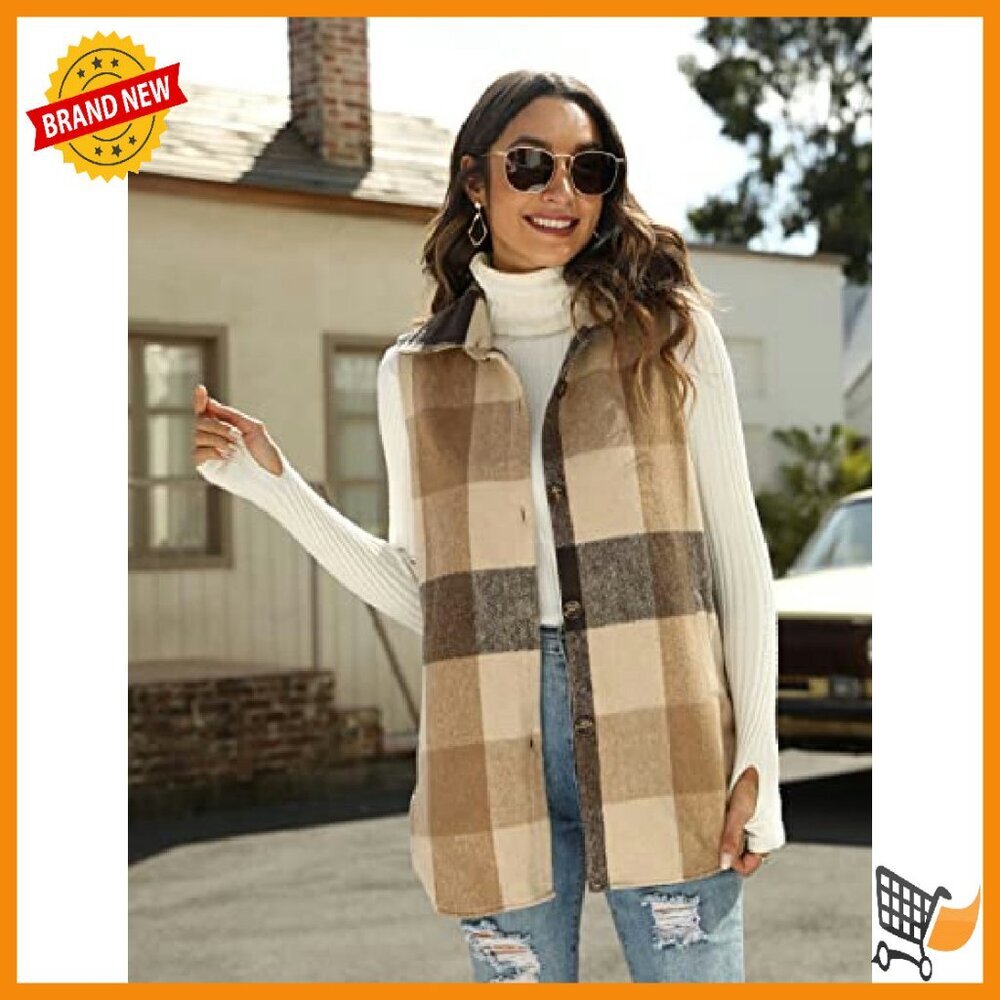 Women's Flannel Plaid Vest Sleeveless Button Down Shirt Jacket Pockets - Picture 3 of 8